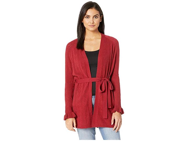 Miss Me Ruffle Sleeve Open Knit Cardigan (red Wine) Women's Sweater