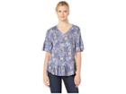 Bobeau 3/4 Flutter Sleeve Print (navy/peach) Women's Blouse