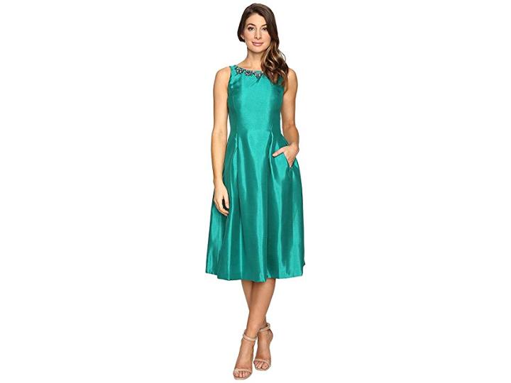 Tahari By Asl Tea-length Shantung Fit And Flare With Pockets (emerald) Women's Dress