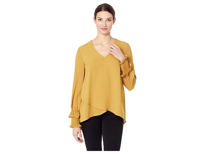 Karen Kane Smocked Sleeve Crossover (mustard) Women's Clothing