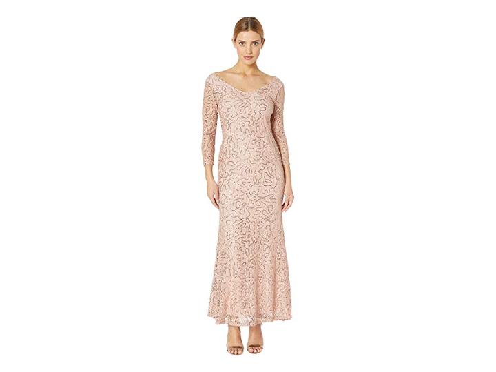Marina Slim 3/4 Sleeve Lace Dress With V Front/back Neckline (blush) Women's Dress