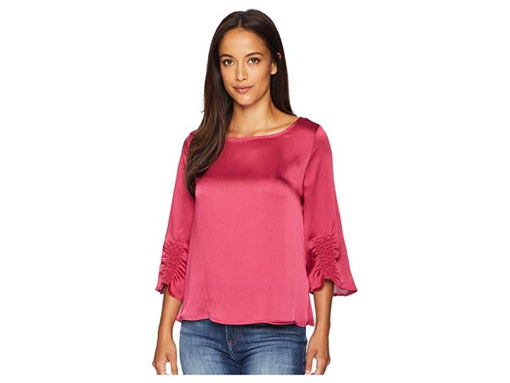 Vince Camuto Gathered Sleeve Boat Neck Satin Blouse (pink Rose) Women's Clothing