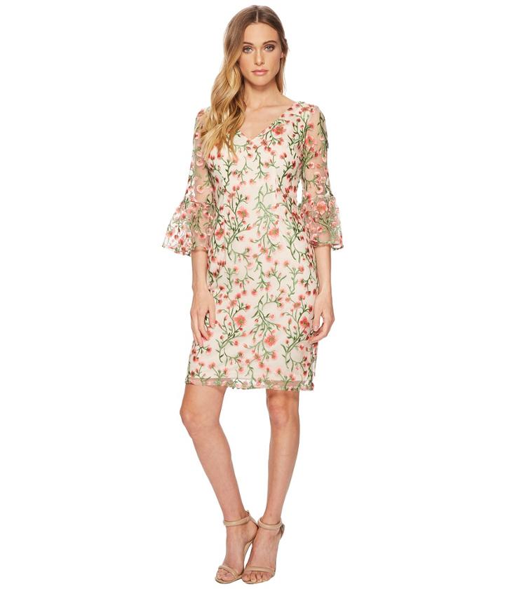 Adrianna Papell Floral Vines Bell Sleeve Dress (coral Multi) Women's Dress
