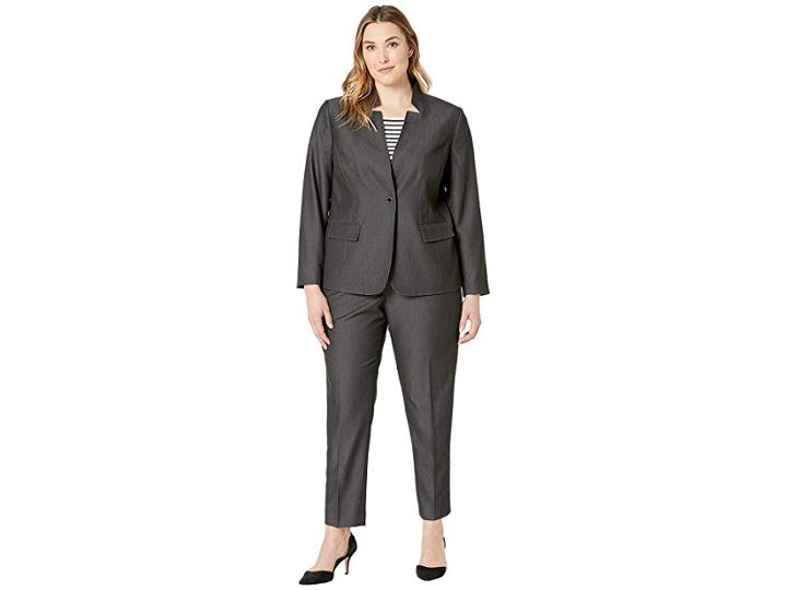 Tahari By Asl Plus Size Novelty Stand Collar Pants Suit (dark Grey) Women's Suits Sets