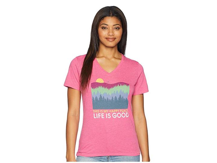 Life Is Good Happy Place Trees Cool Vee Tee (fiesta Pink) Women's T Shirt
