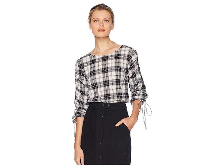 Two By Vince Camuto Long Sleeve Drawstring Tartan Plaid Blouse (quartz Stone) Women's Blouse