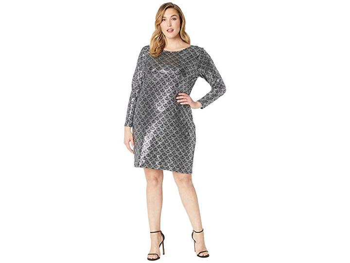 Michael Michael Kors Plus Size Glitter Long Sleeve Cowl Back Dress (black/silver) Women's Dress