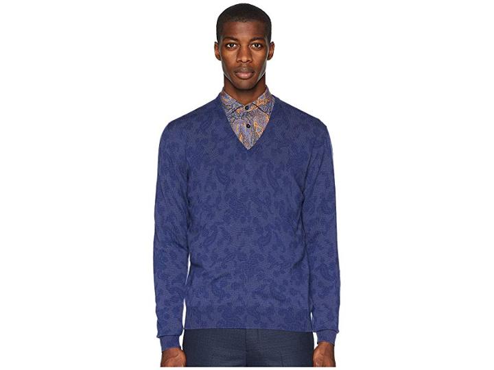 Etro Printed V-neck Sweater (blue) Men's Sweater