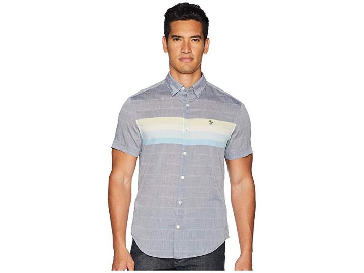 Original Penguin Short Sleeve Engine Stripe (dark Sapphire) Men's Short Sleeve Button Up