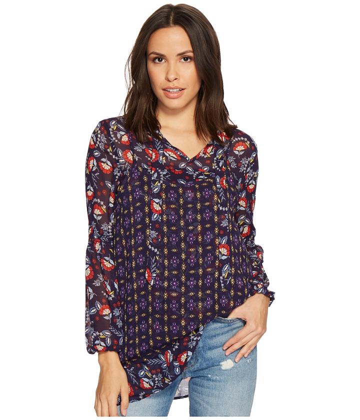 Jack By Bb Dakota Lilia Fanning Floral Mixed Print Crinkle Chiffon Top (medieval Blue) Women's Dress