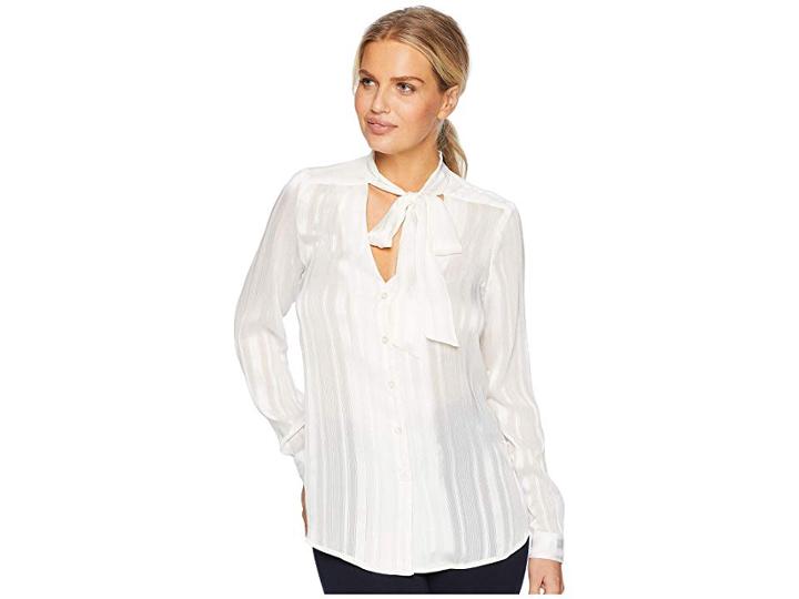 Eci Front Tie Neck Long Sleeve Blouson (ivory) Women's Clothing