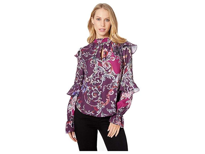 Bebe Printed Tiered Ruffle Top (aegon 1) Women's Blouse