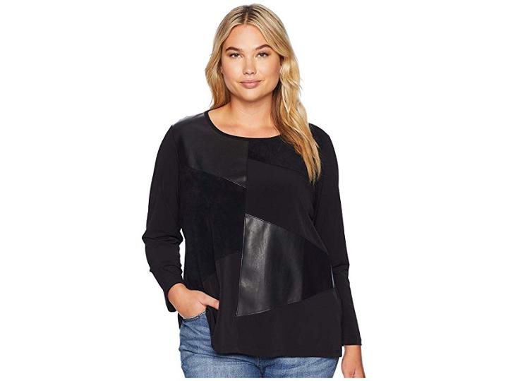 Calvin Klein Plus Plus Size 3/4 Sleeve W/ Faux Leather Suede (black) Women's Clothing