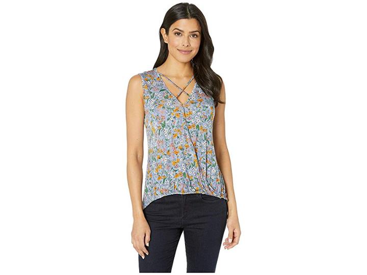 Bobeau Wrap Tank Top (mixed Floral Denim) Women's Sleeveless