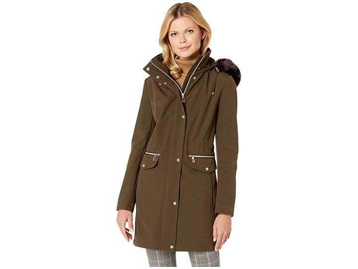 Ivanka Trump Softshell Jacket With Fur Hood And Tie Waist (olive) Women's Coat