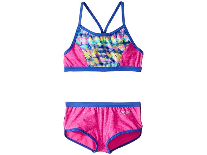 Speedo Kids Digi Zigzag Heather Two-piece Boyshorts Swimsuit Set (big Kids) (pink) Girl's Swimwear Sets