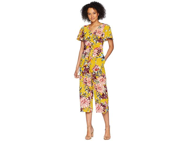 Tahari By Asl Tie Front Floral Cropped Jumpsuit (gold/rose/sky) Women's Jumpsuit & Rompers One Piece