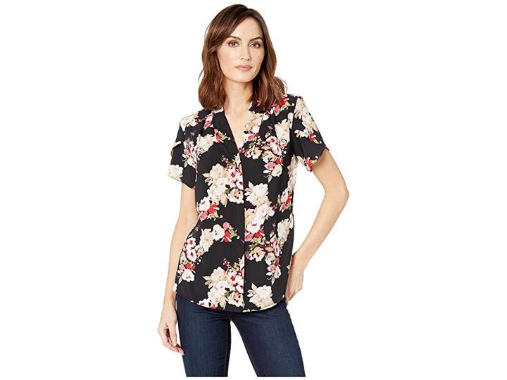 Calvin Klein Short Sleeve Knit Pullover (black Multi) Women's Clothing
