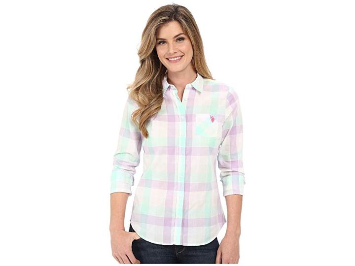 U.s. Polo Assn. Classic Button Front Poplin Plaid Woven Shirt (lavendula) Women's Clothing
