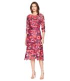 Marchesa Notte 3/4 Length Sleeve 3d Floral Guipure Lace Tea Length Cocktail Dress (berry) Women's Dress
