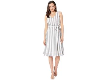 Eci Sleeveless Striped Knit Fit And Flare Paper Bag Waist Detail Dress (ivory/black) Women's Dress