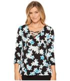 Calvin Klein Floral Print Lace-up Top (black/seaglass) Women's Clothing