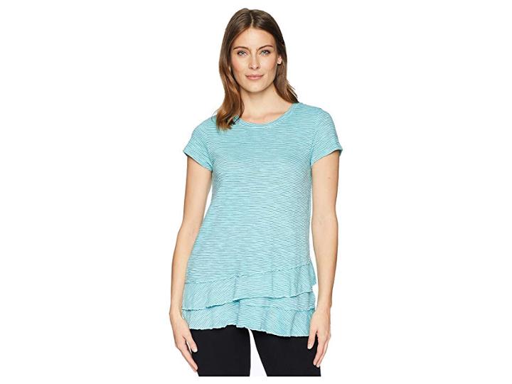 Mod-o-doc Slub Mini Stripe Asymmetrical Flounce Hem Top (pacific) Women's T Shirt