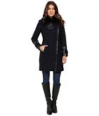 Via Spiga Asymmetrical Coat W/ Zip Front And Faux Fur Collar (navy) Women's Coat