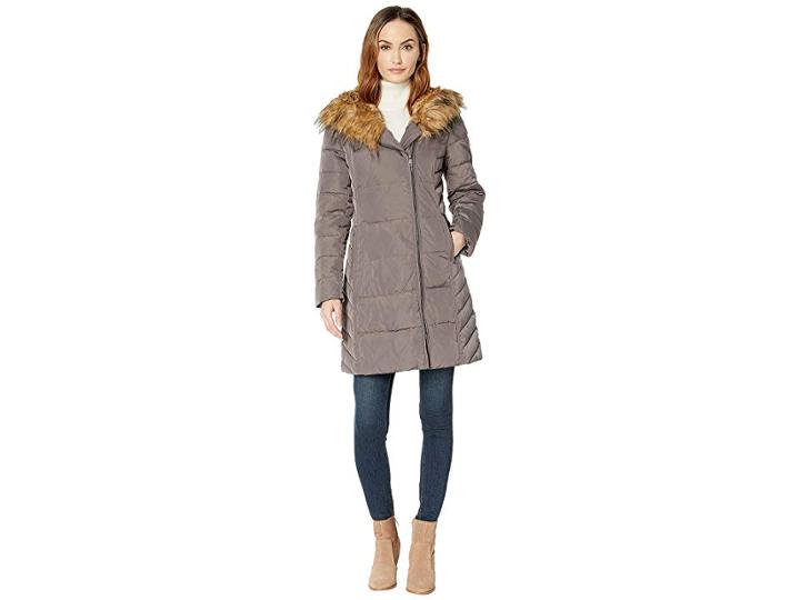 Cole Haan Taffeta Down Coat With Faux Fur Hood (carbon) Women's Coat