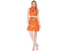 Donna Morgan Sleeveless Printed Chiffon Fit And Flare With Waist Faggoting Detail (orange/lavender Multi) Women's Dress