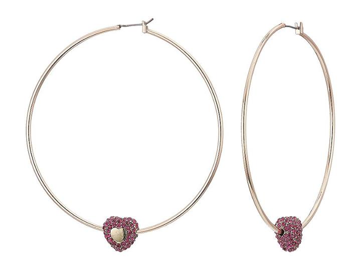 Betsey Johnson Rose Gold Hoop Earrings With Fuchsia Heart Detail (fuchsia) Earring