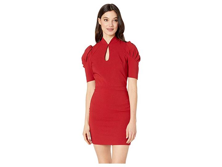 Bebe Puff Sleeve Keyhole Dress (red Dahlia) Women's Dress