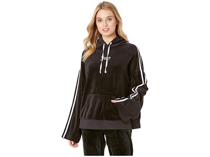 Juicy Couture Velour Side Slit Hoodie Pullover (pitch Black) Women's Clothing