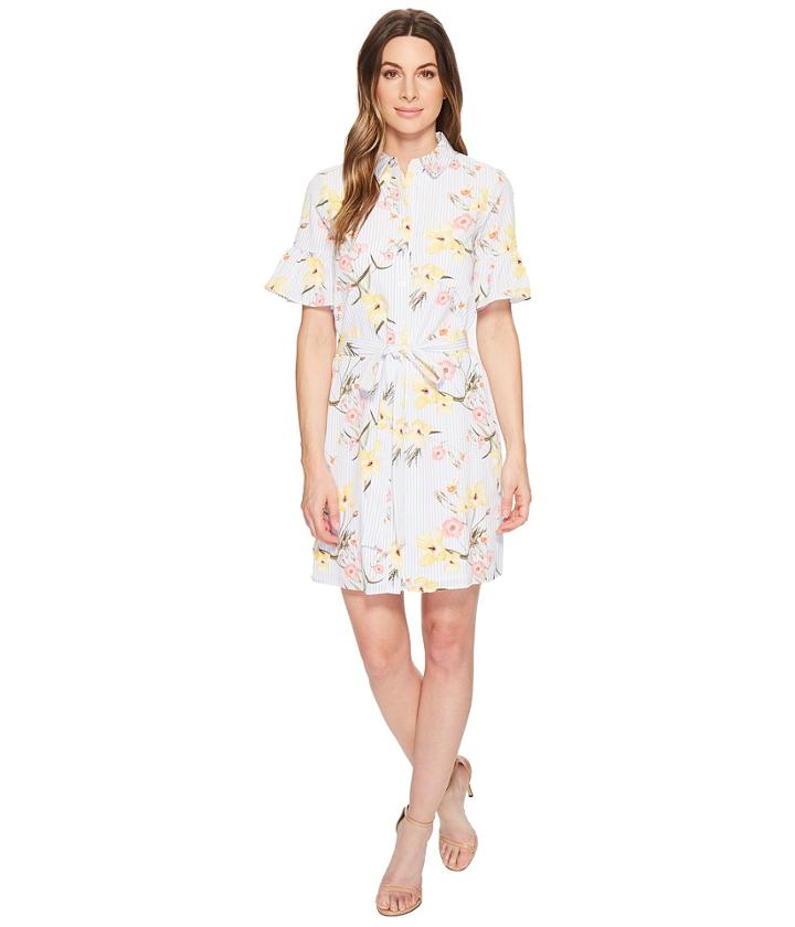 Cece Botanical Blooms Shirtdress W/ Ruffle Sleeve (ultra White) Women's Dress