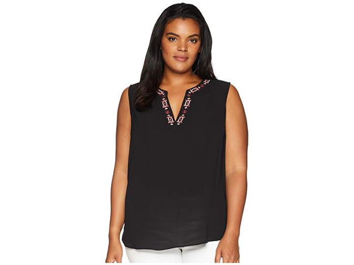 Vince Camuto Specialty Size Plus Size Sleeveless Embroidered Neck Soft Texture Blouse (rich Black) Women's Blouse