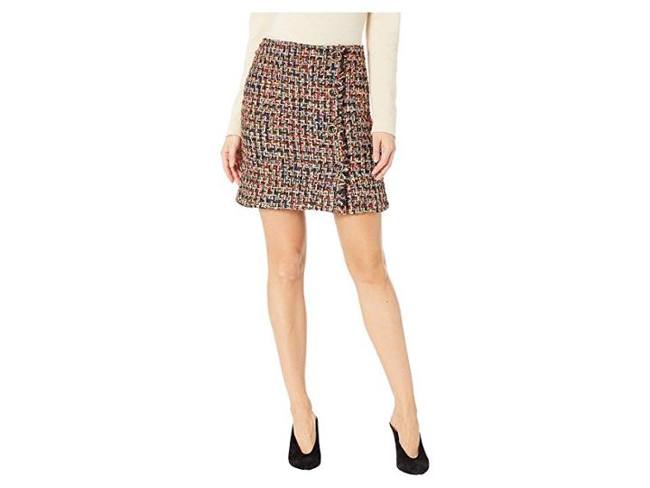 J.o.a. Tweed Mini Skirt With Self Fringe And Buttons (black Tweed) Women's Skirt