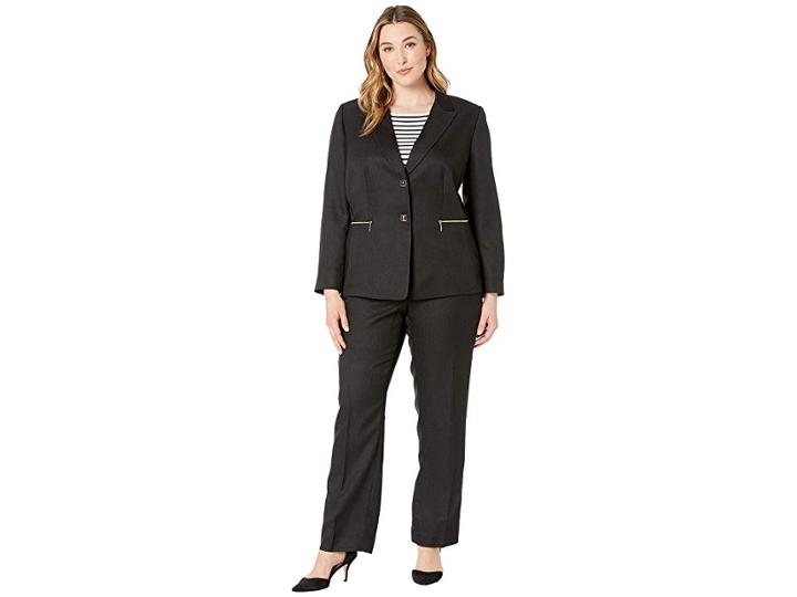 Tahari By Asl Plus Size 2 Snap Closure Peak Lapel Zip Pocket Pants (black) Women's Suits Sets