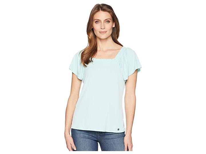 Ivanka Trump Square Neck Short Ruffle Sleeve Top With Open Hem (seaglass) Women's Clothing