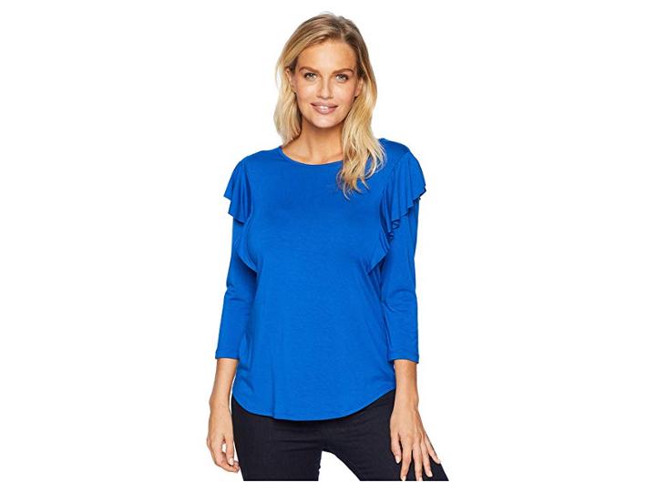 Karen Kane 3/4 Sleeve Ruffle Top (royal) Women's Clothing
