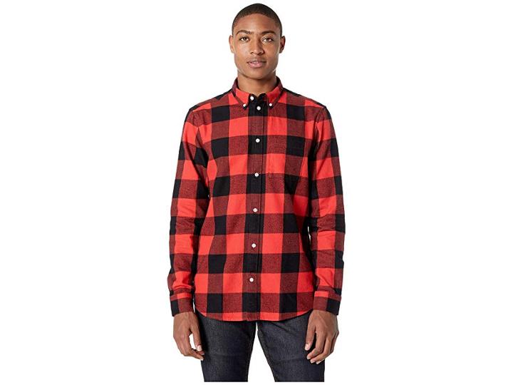 Wesc Olavi Plaid Long Sleeve Shirt (flame Scarlet) Men's Clothing