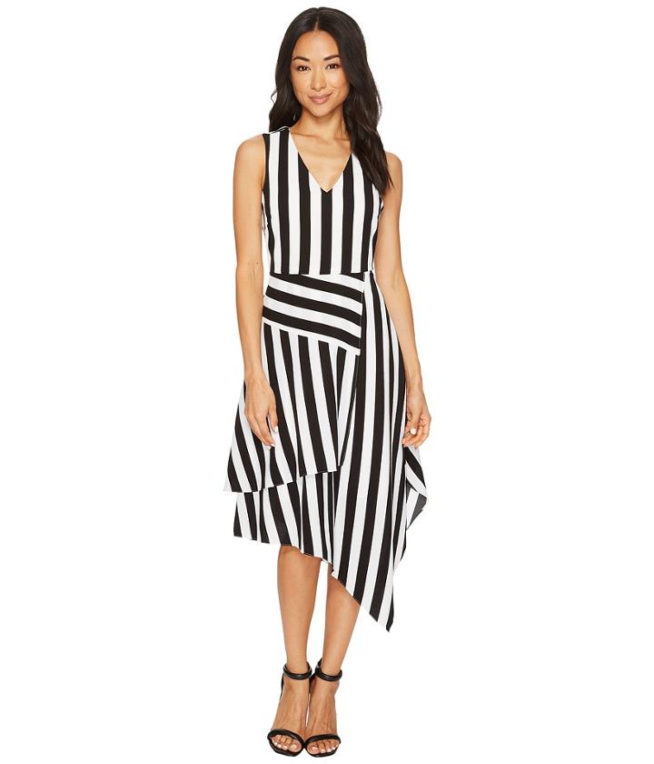 Vince Camuto Sleeveless Spectator Stripe Asymmetrical Hem V-neck Dress (rich Black) Women's Dress