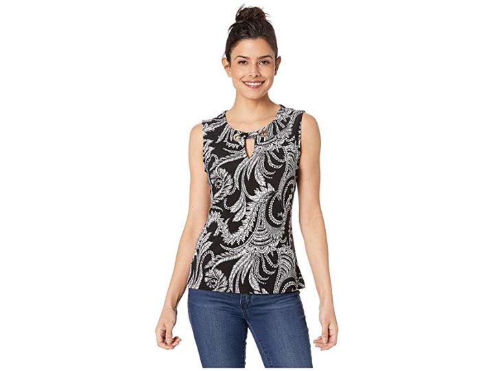 Tommy Hilfiger Printed Grommet Knit Top (black Multi 1) Women's Clothing