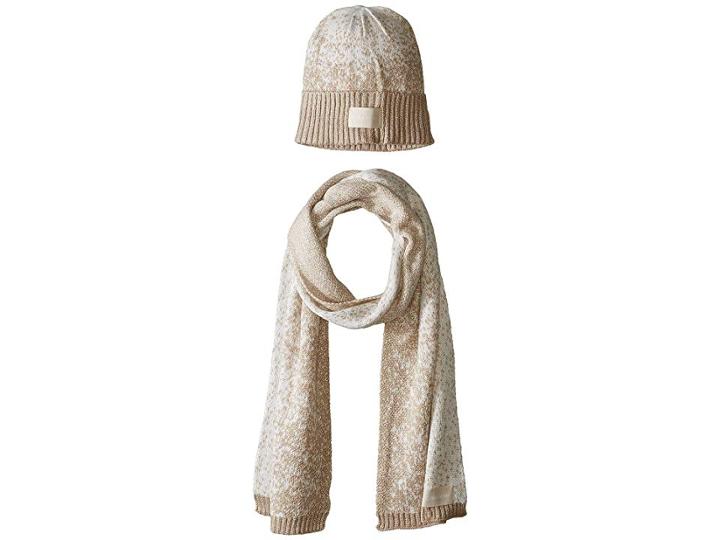 Calvin Klein Lurex Sparkle/beanie Muffler Two-piece Set (heathered Almond) Scarves