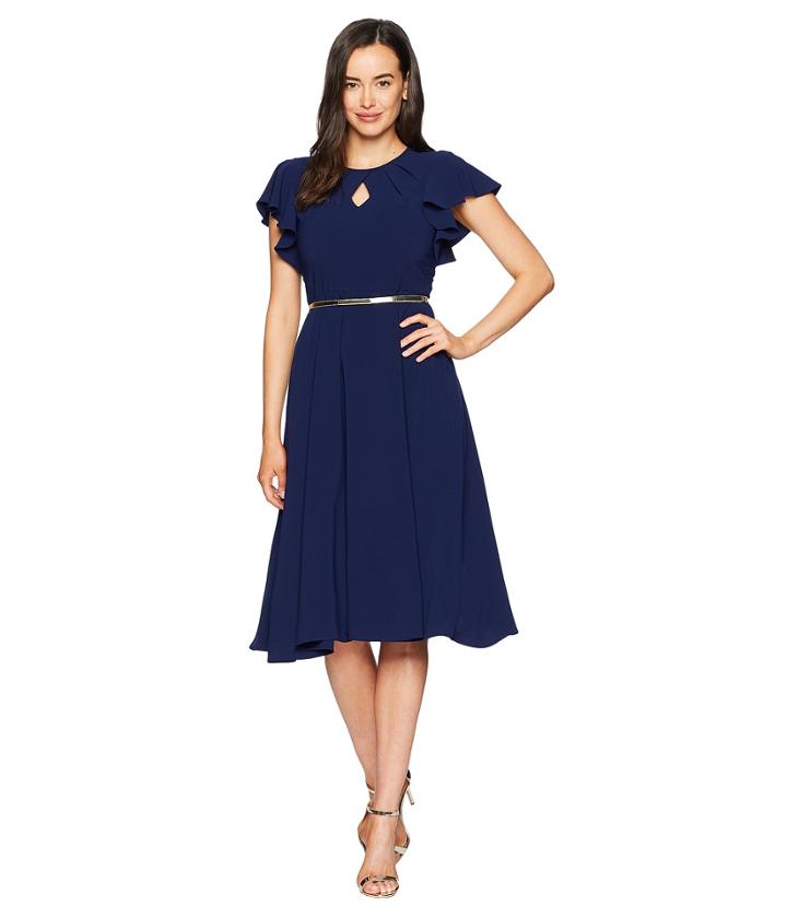 Gabby Skye Flutter Sleeve Dress W/ Belt (navy) Women's Dress