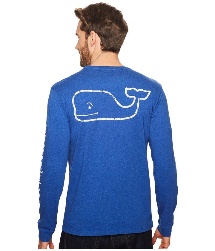 Vineyard Vines Long Sleeve Heather Vintage Whale Pocket Tee (royal Ocean) Men's T Shirt