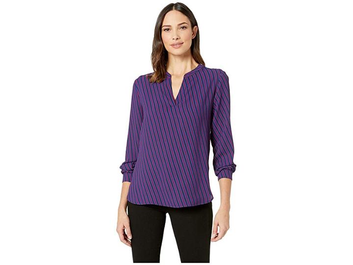 Anne Klein Oblique Stripe Split-neck High-low Long Sleeve Blouse (gauguin/cordovan/combo) Women's Blouse