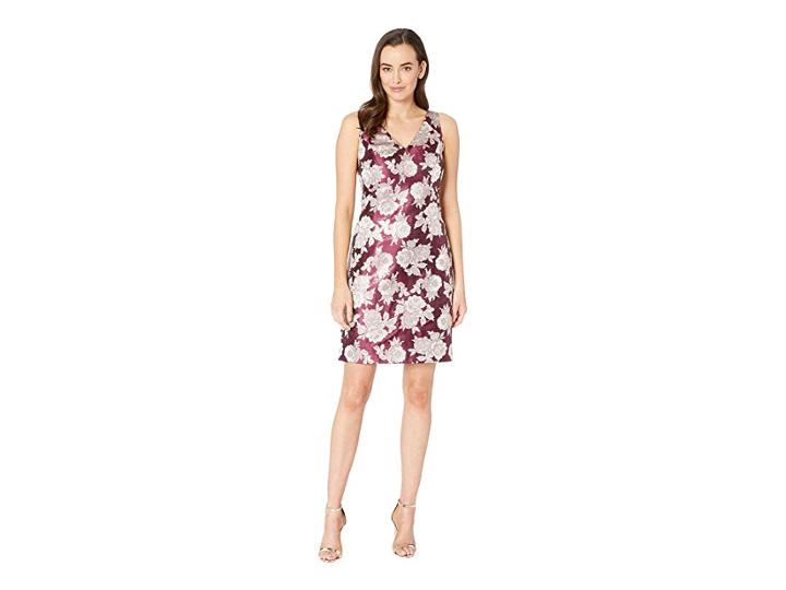 Nine West Sleeveless Double V-neck A-line Dress Blooming Metallic Jacquard (plum Multi) Women's Dress