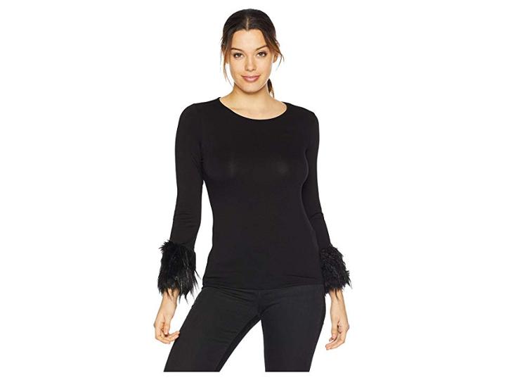 Vince Camuto Specialty Size Petite Long Sleeve Fur Cuff Top (rich Black) Women's Clothing