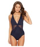 Michael Michael Kors Layered Illusion V-neck One-piece Swimsuit W/ Mesh Insert Removable Soft Cups (new Navy) Women's Swimsuits One Piece