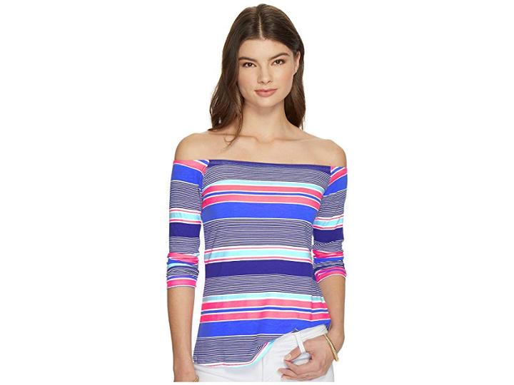 Lilly Pulitzer Audelia Off-the-shoulder Top (true Blue Kaleidoscope Jungle Stripe) Women's Clothing